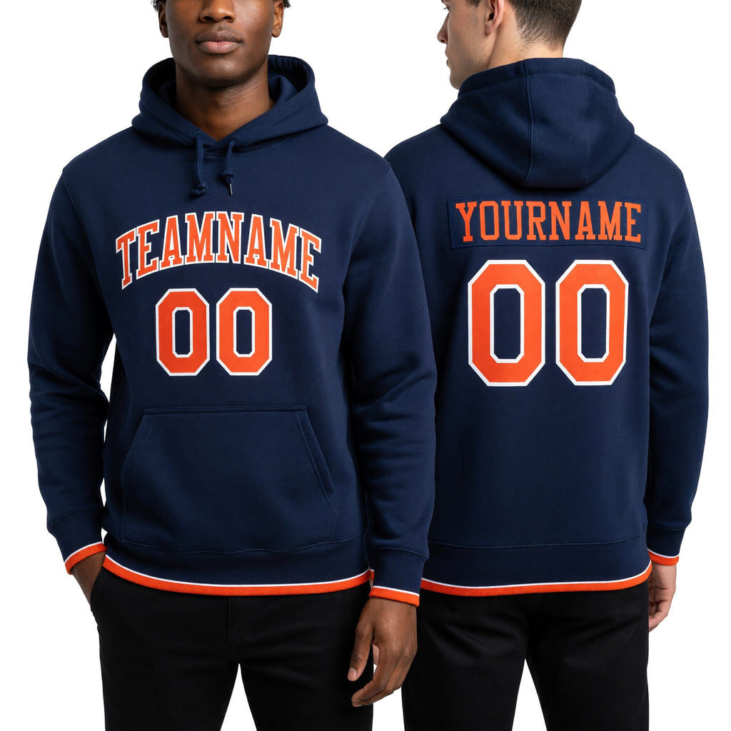 Custom Stitched Royal Orange-White Sports Pullover Sweatshirt Hoodie worn front and back