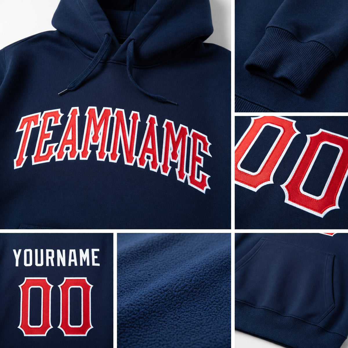 Custom Stitched Royal Red-White Sports Pullover Sweatshirt Hoodie detail