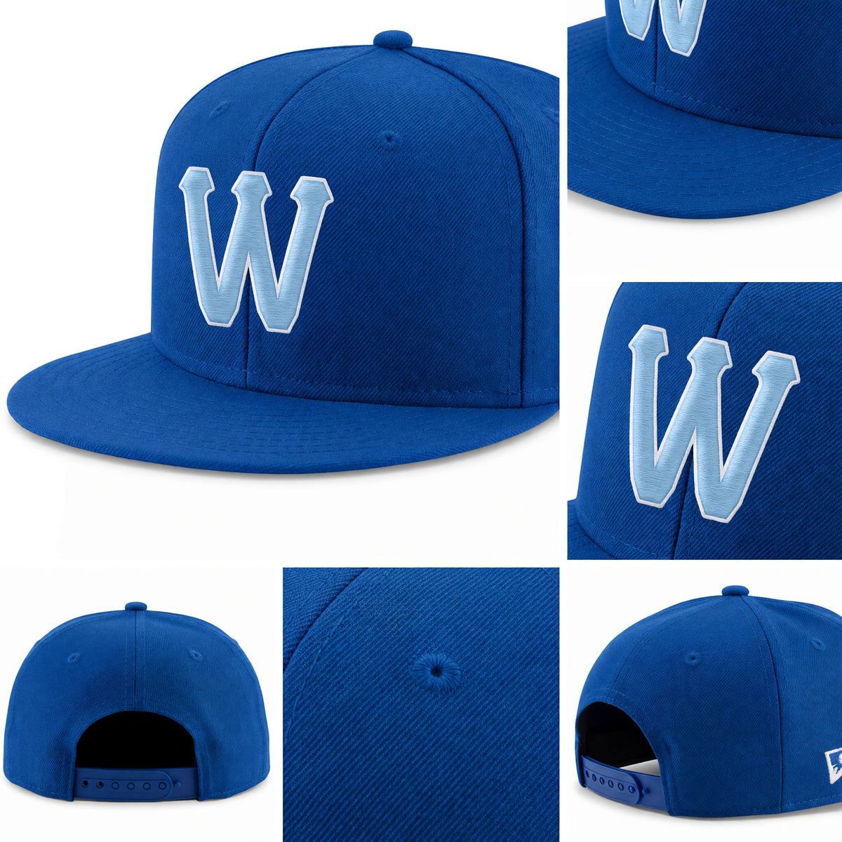 Custom Royal Light Blue-White Stitched Adjustable Snapback Hat detail