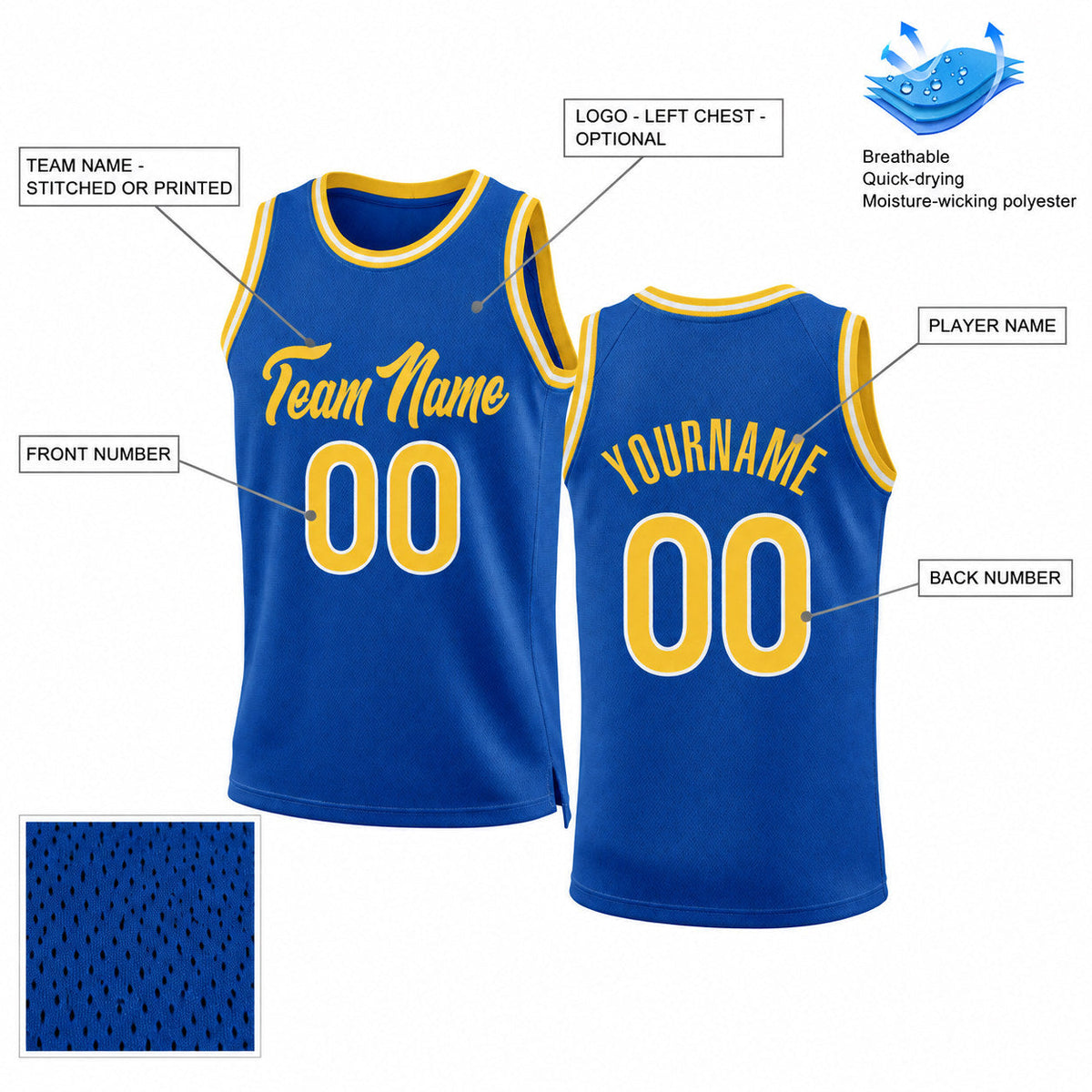 Custom Royal Authentic Throwback Basketball Jersey with Gold and White Lettering Design 0106 customization guide