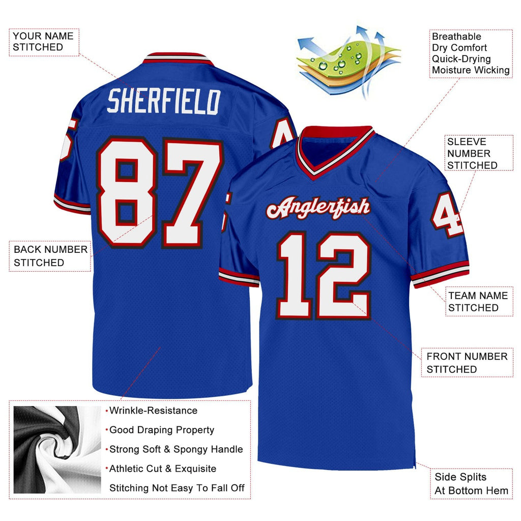 Custom Royal White-Red Mesh Authentic Throwback Football Jersey photo 4