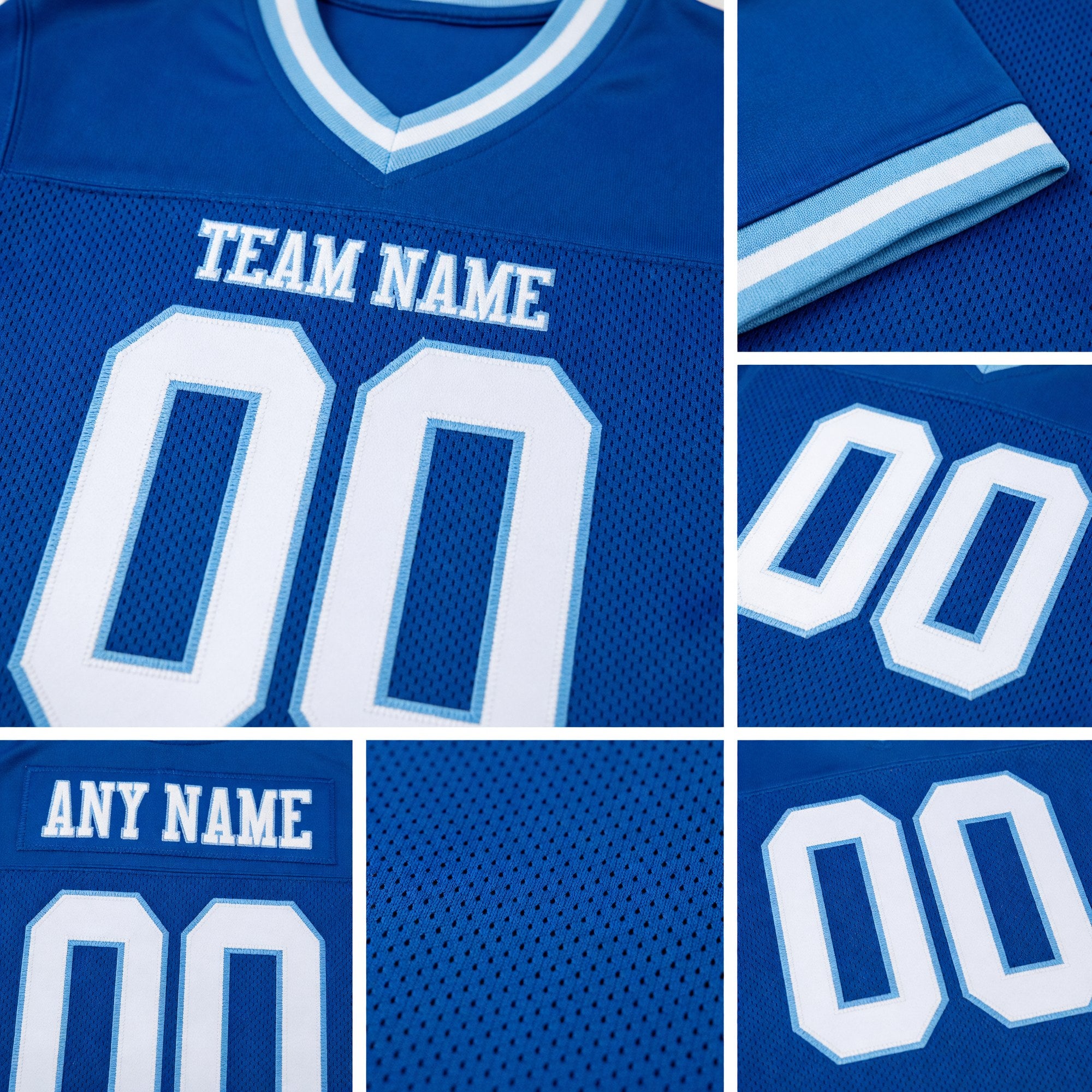 Custom Royal White-Light Blue Mesh Authentic Throwback Football Jersey detail