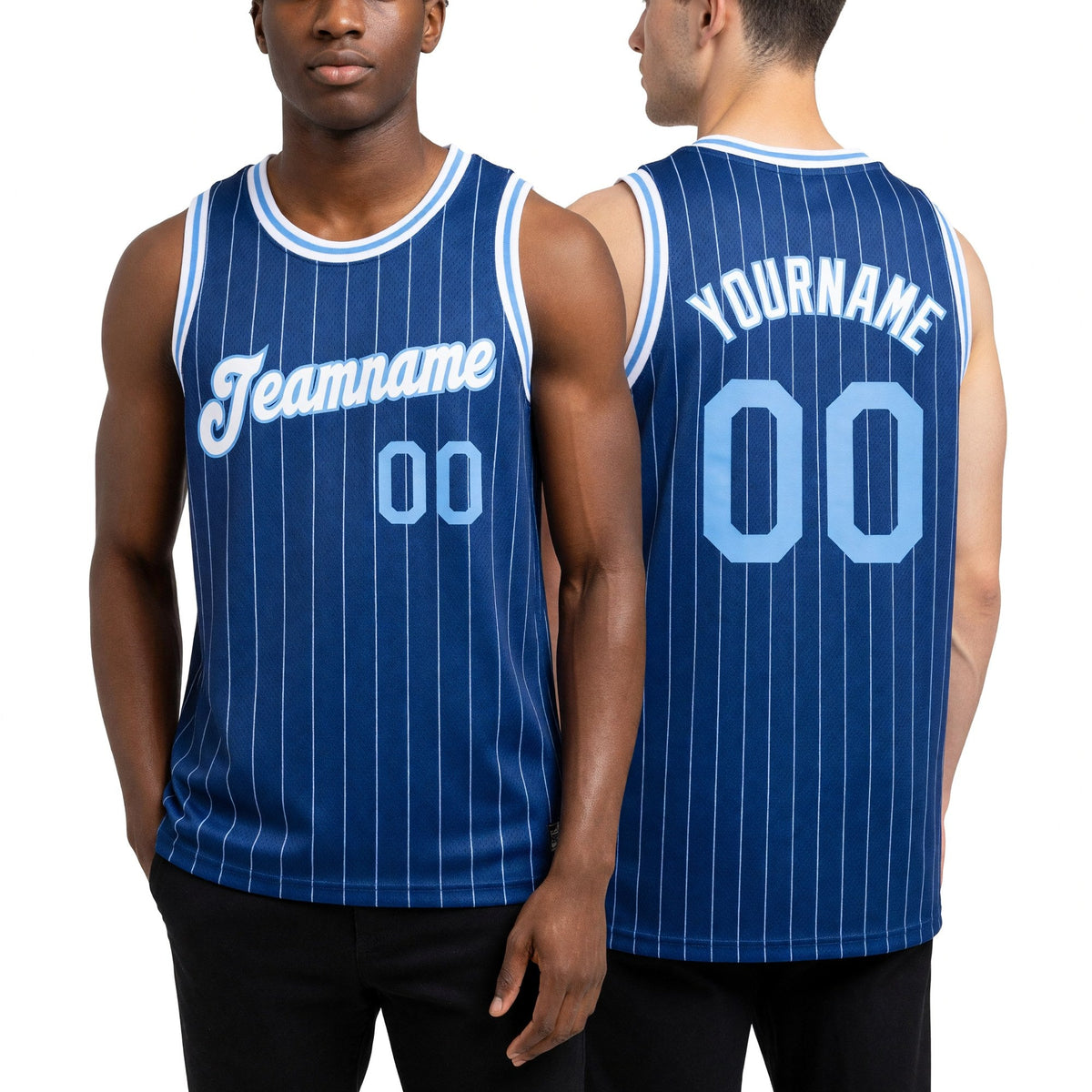 Custom Royal White Pinstripe Light Blue-White Authentic Basketball Jersey worn front and back