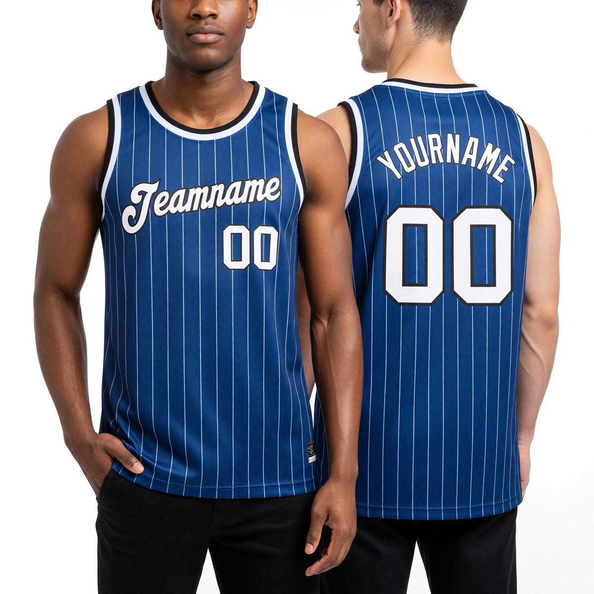 Custom Royal White Pinstripe White-Black Authentic Basketball Jersey worn front and back