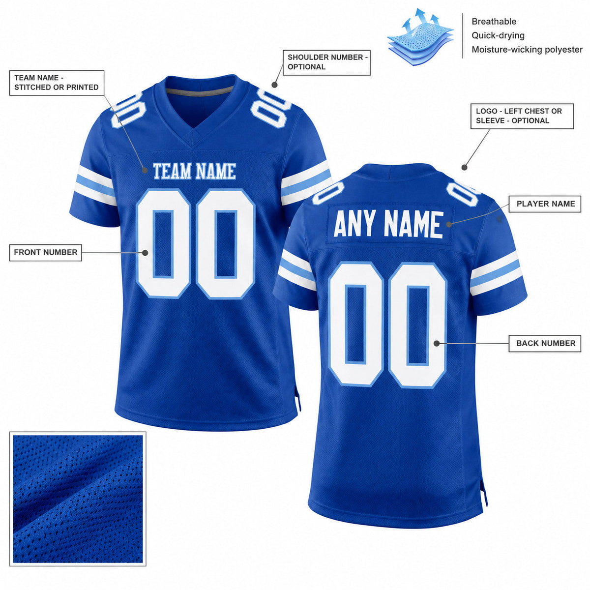 Custom Royal Mesh Authentic Football Jersey with White and Light Blue Lettering Design 0188 customization guide