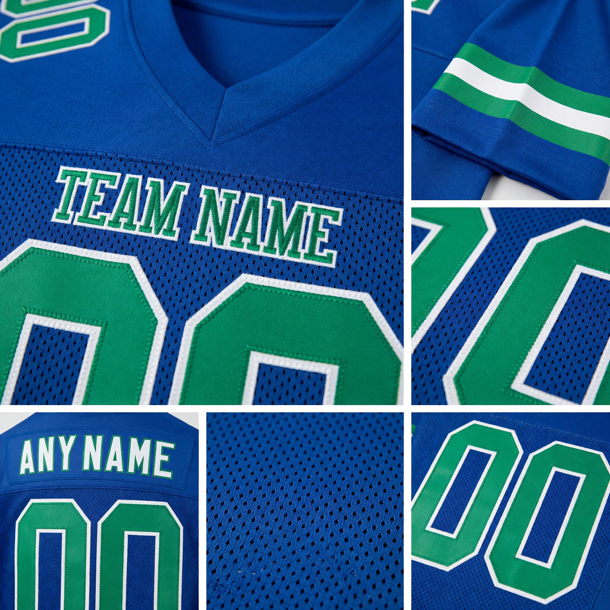 Custom Royal Kelly Green-White Mesh Authentic Football Jersey detail