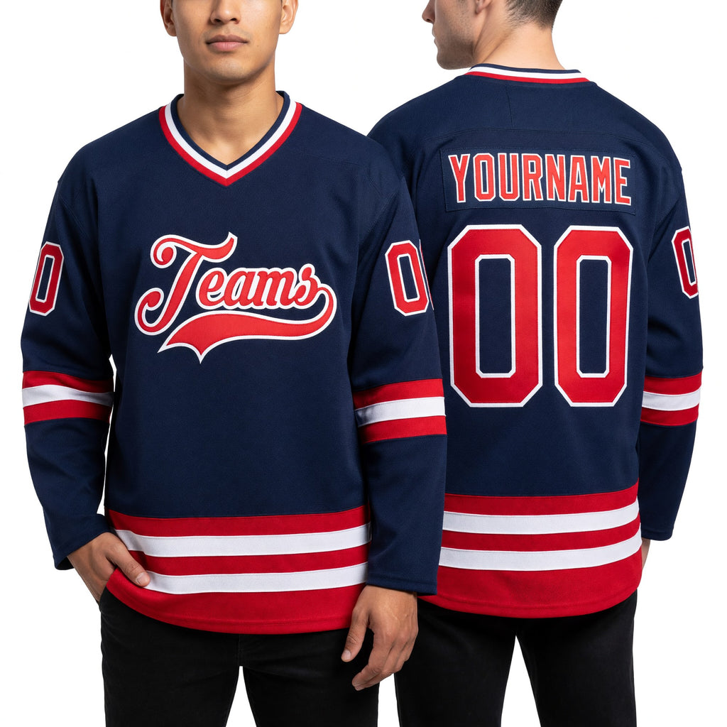 Custom Royal Red-White Hockey Jersey worn front and back