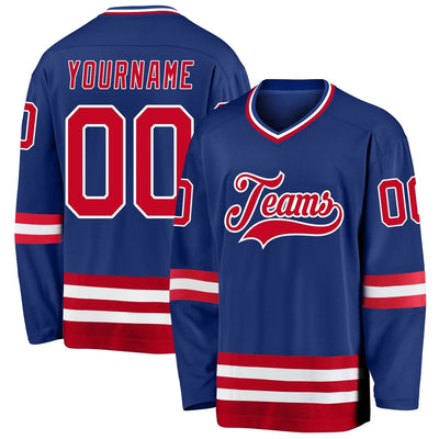 Custom Royal Hockey Jersey with Red and White Lettering Design 0195