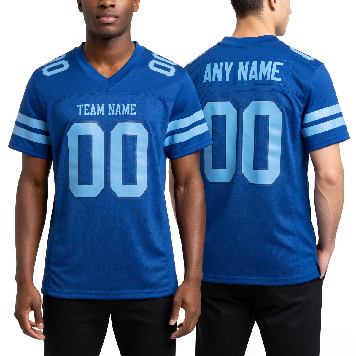 Custom Royal Royal-Light Blue Mesh Authentic Football Jersey worn front and back