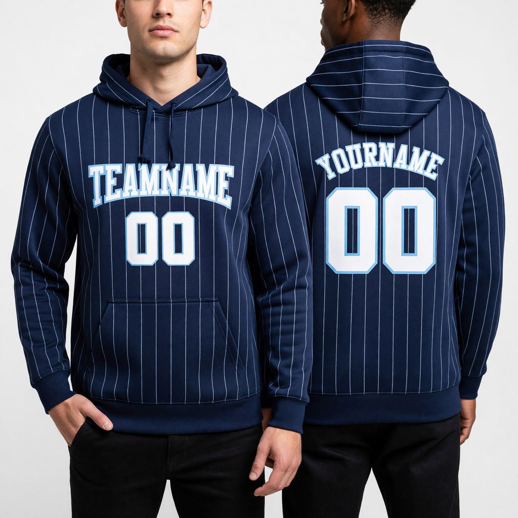 Custom Stitched Royal White Pinstripe White-Light Blue Sports Pullover Sweatshirt Hoodie worn front and back