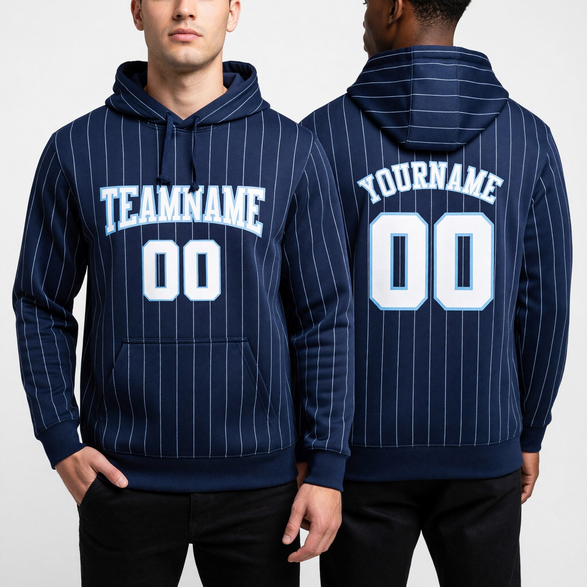 Custom Stitched Royal White Pinstripe White-Light Blue Sports Pullover Sweatshirt Hoodie worn front and back
