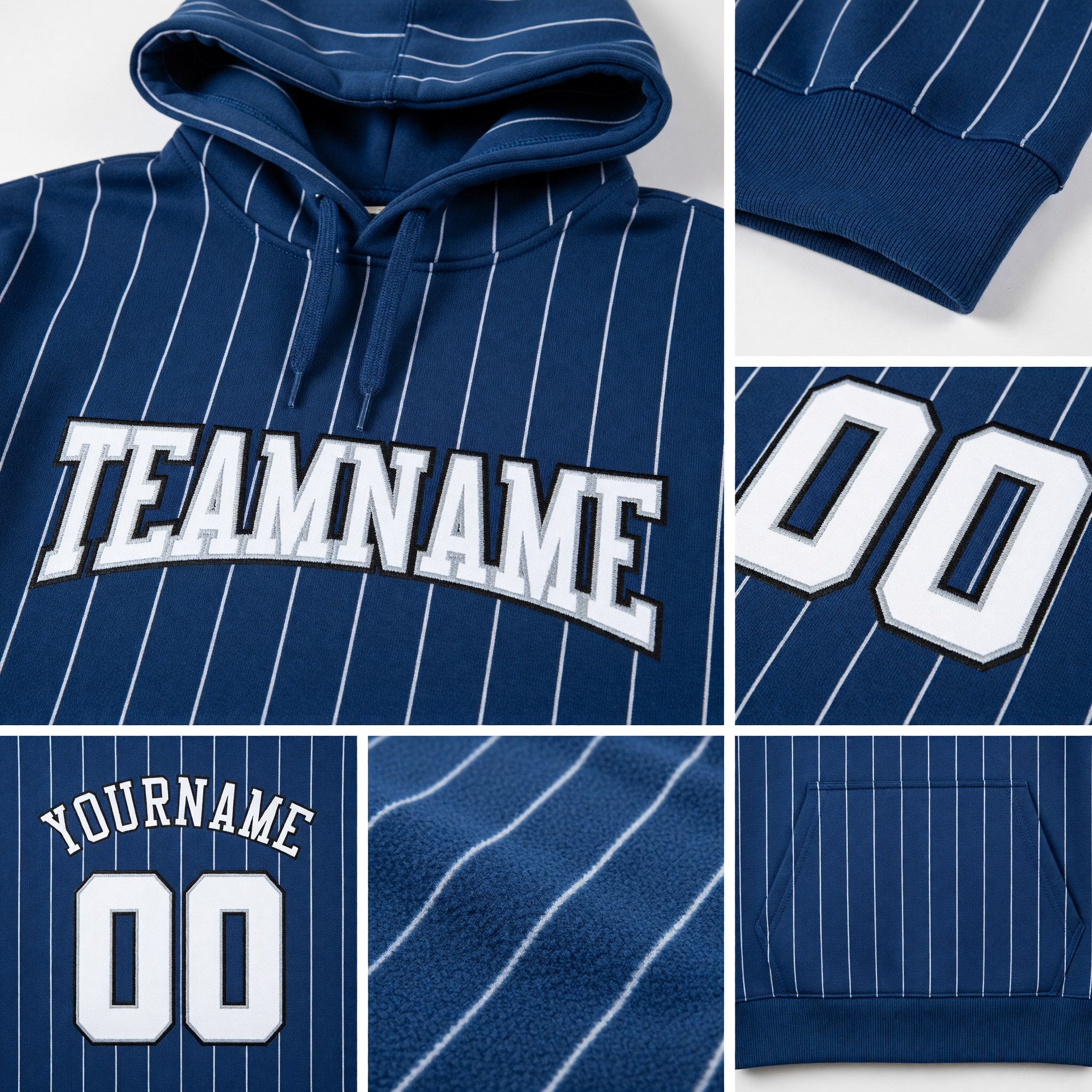 Custom Stitched Royal White Pinstripe White-Black Sports Pullover Sweatshirt Hoodie detail