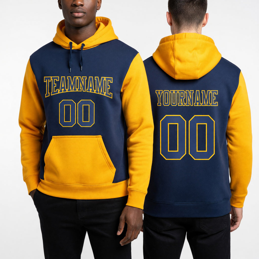 Custom Stitched Royal Royal-Gold Sports Pullover Sweatshirt Hoodie worn front and back