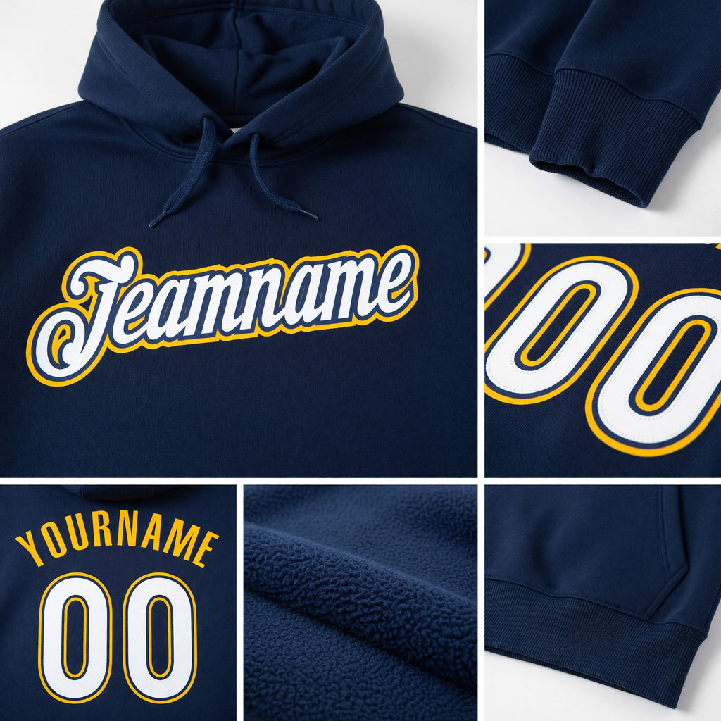 Custom Stitched Royal White-Gold Sports Pullover Sweatshirt Hoodie detail