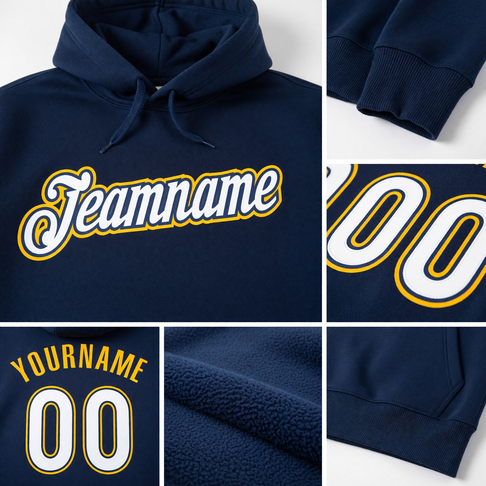 Custom Stitched Royal White-Gold Sports Pullover Sweatshirt Hoodie detail