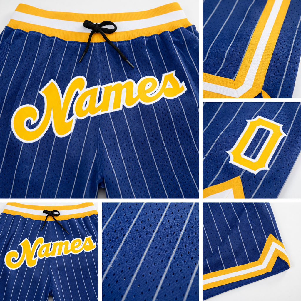 Custom Royal White Pinstripe Gold-White Authentic Basketball Shorts detail