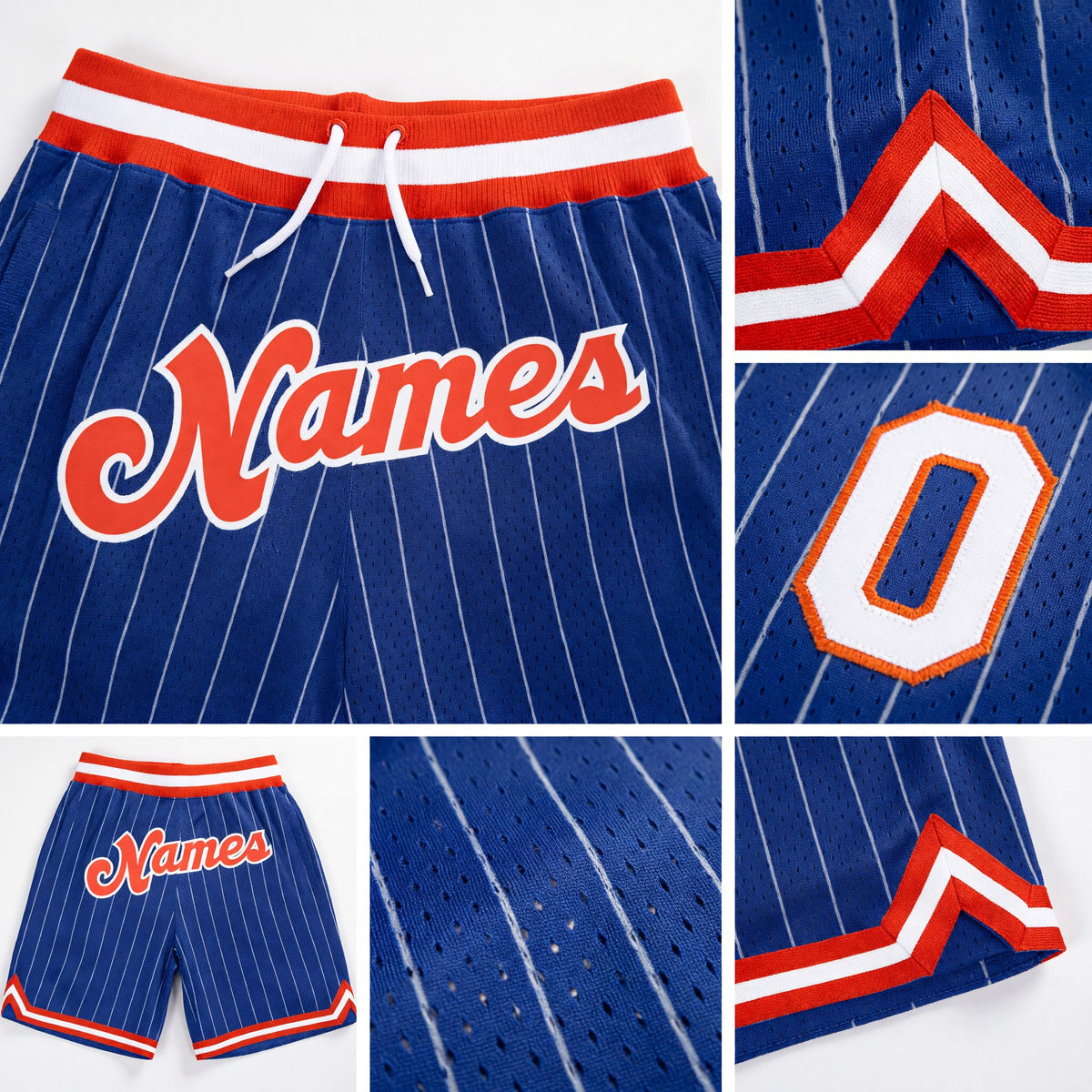 Custom Royal White Pinstripe Orange-White Authentic Basketball Shorts detail