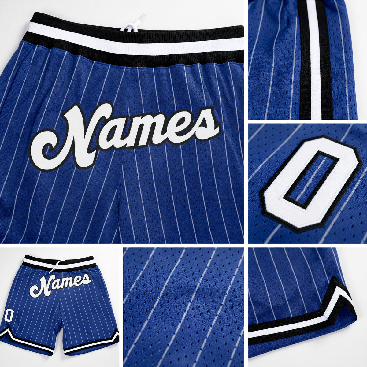 Custom Royal White Pinstripe White-Black Authentic Basketball Shorts detail