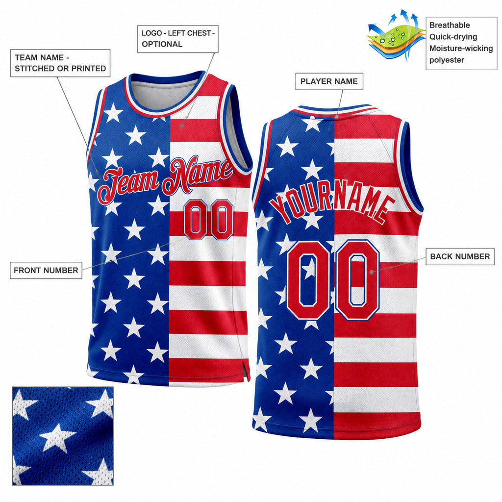 Custom Royal American Flag Authentic Basketball Jersey with Red and White Lettering Design 0290 customization guide