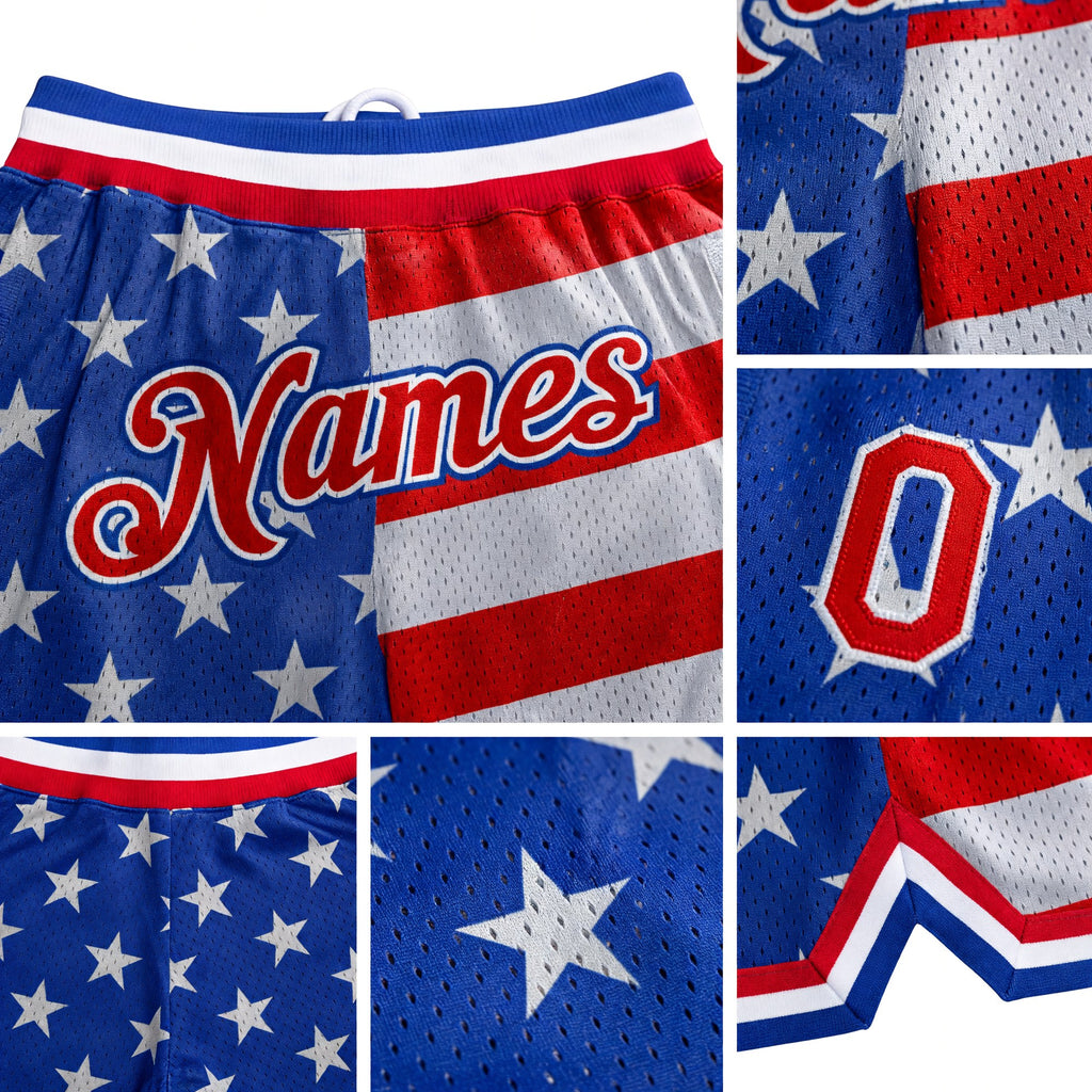 Custom Royal Red-White 3D Pattern Design American Flag Authentic Basketball Shorts detail
