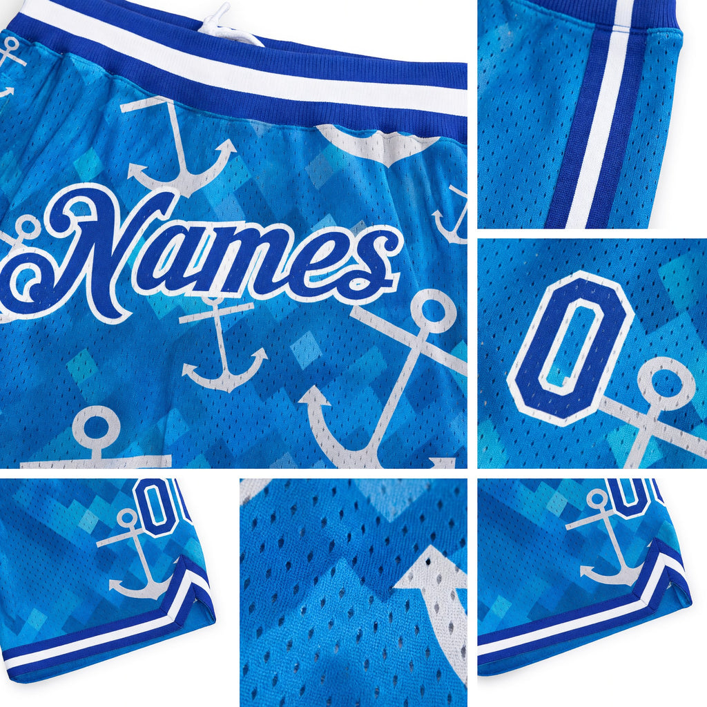 Custom Royal Royal-White 3D Pattern Design Anchors Authentic Basketball Shorts detail