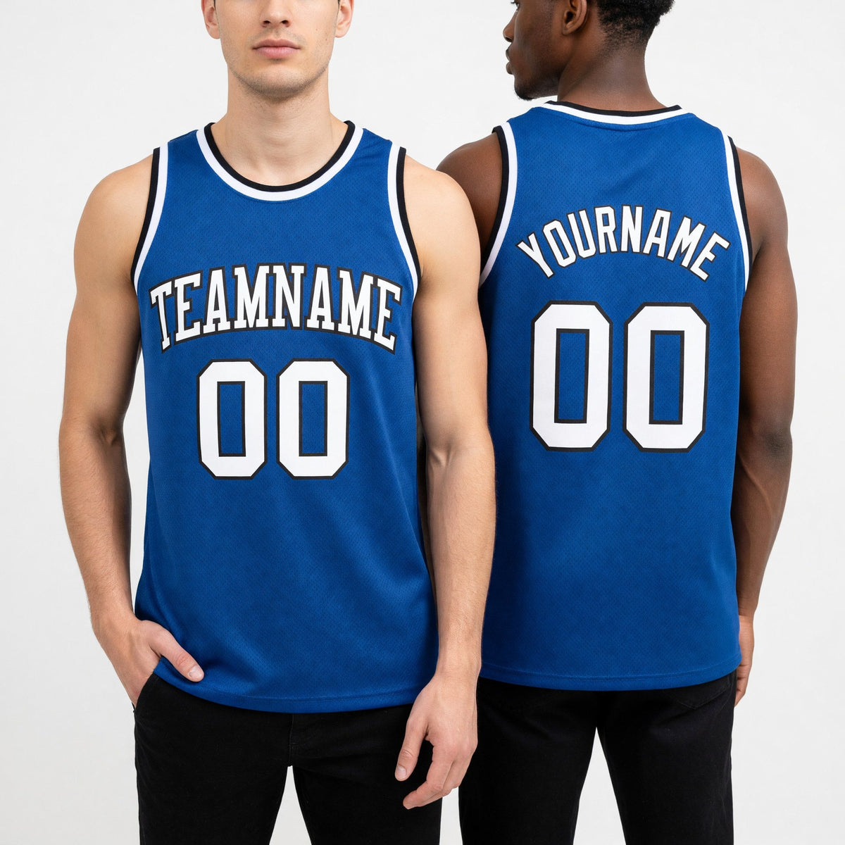 Custom Royal White-Black Authentic Throwback Basketball Jersey worn front and back