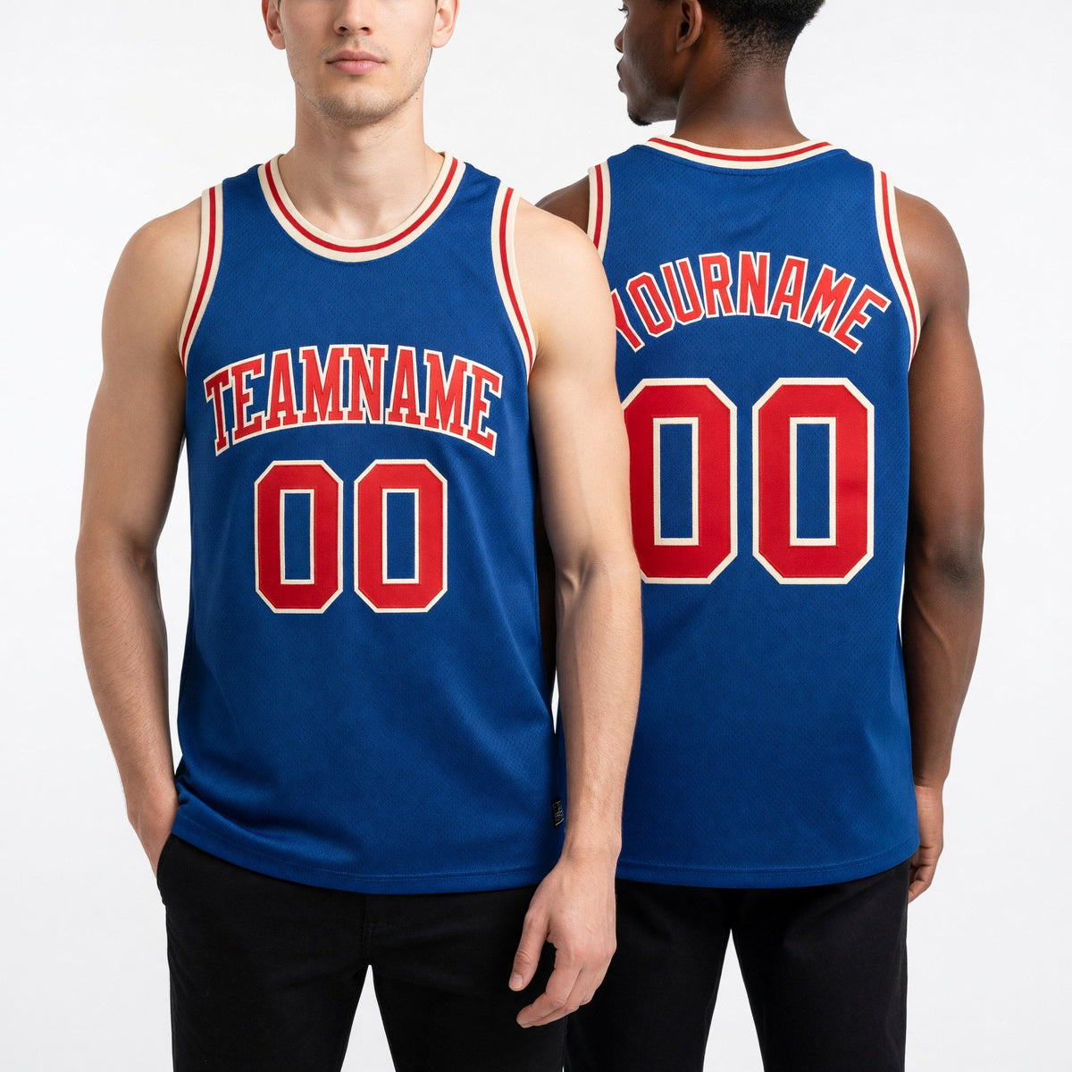 Custom Royal Red-Cream Authentic Throwback Basketball Jersey worn front and back