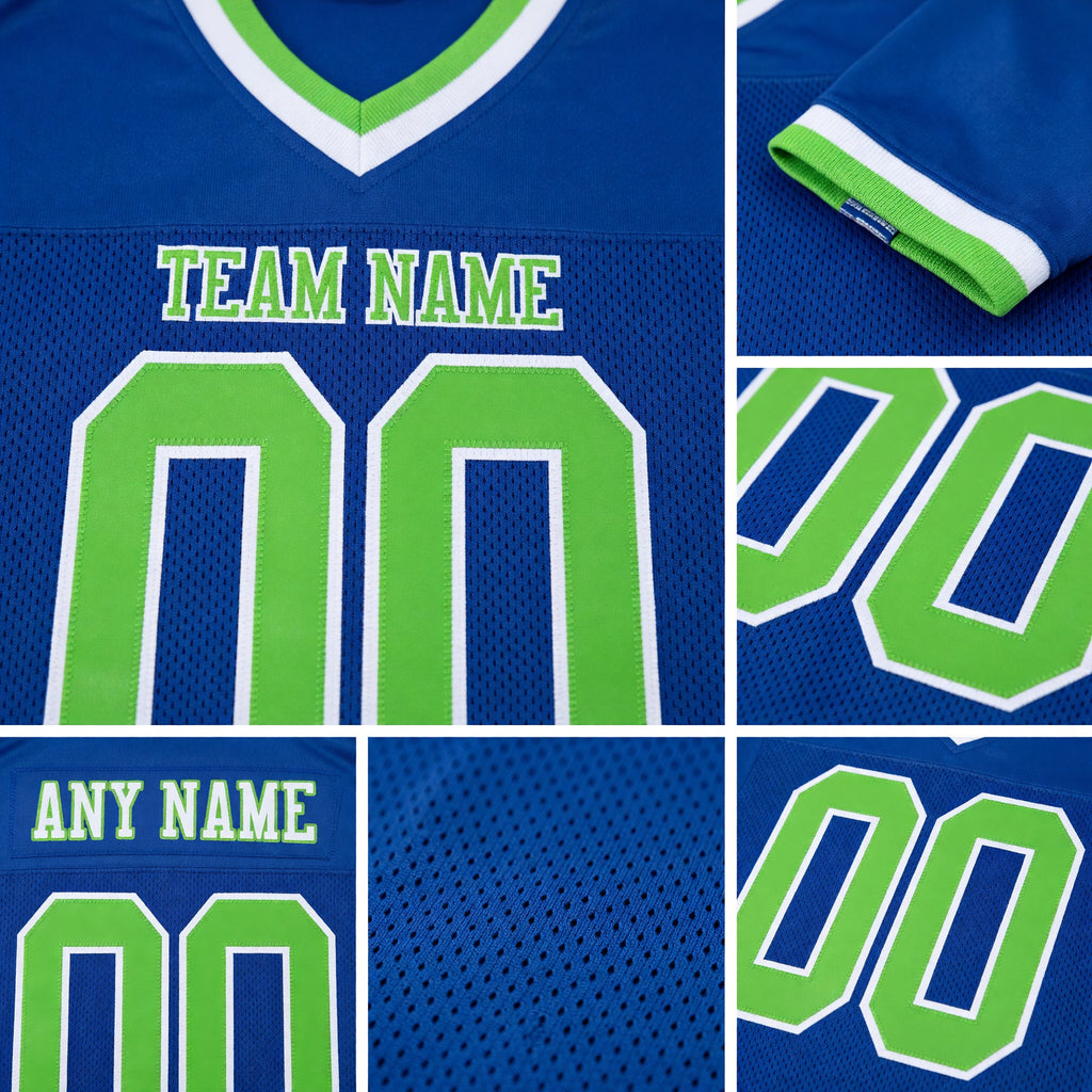 Custom Royal Neon Green-White Mesh Authentic Throwback Football Jersey detail