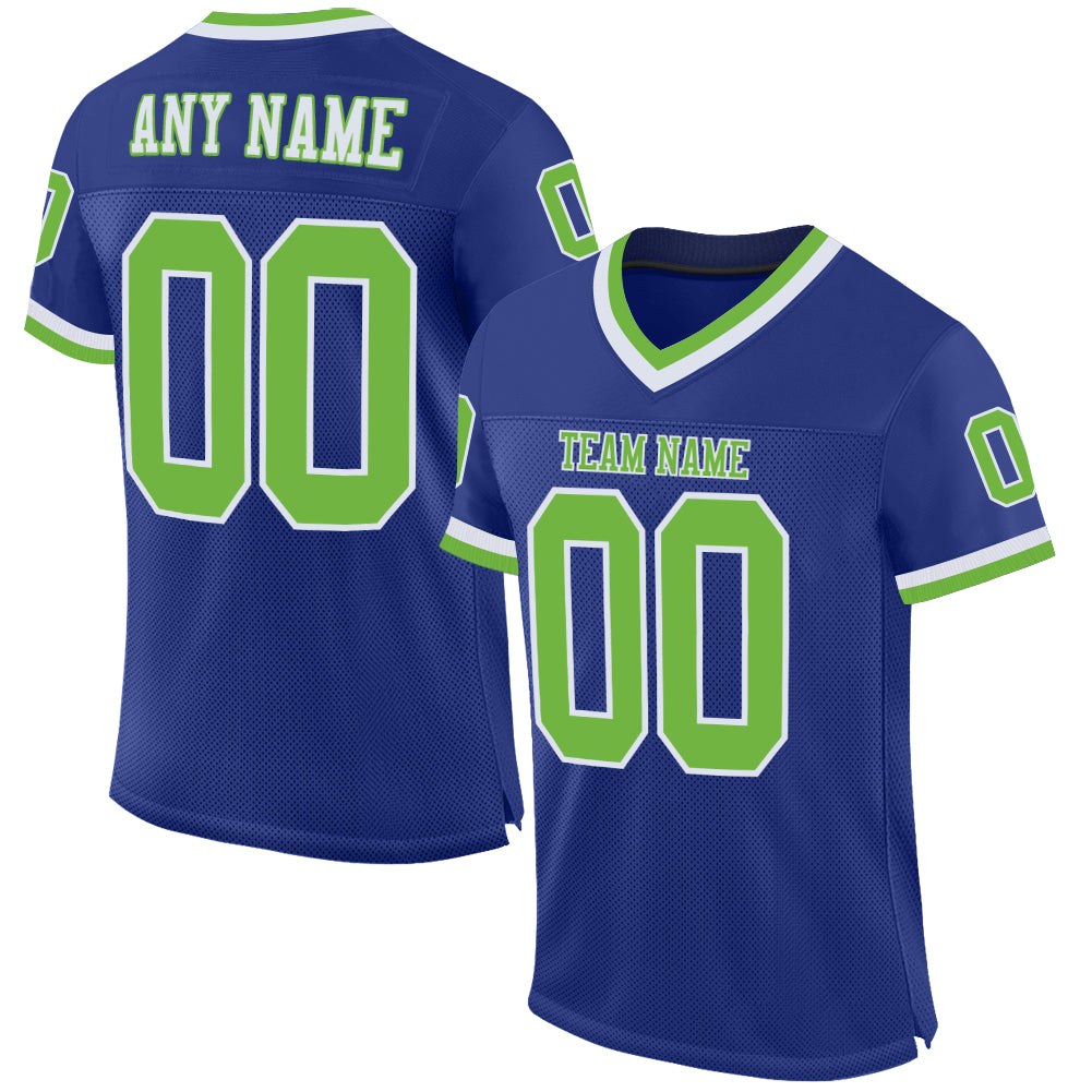 Custom Royal Neon Green-White Mesh Authentic Throwback Football Jersey photo 1