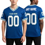 Custom Royal White-Kelly Green Mesh Authentic Throwback Football Jersey worn front and back