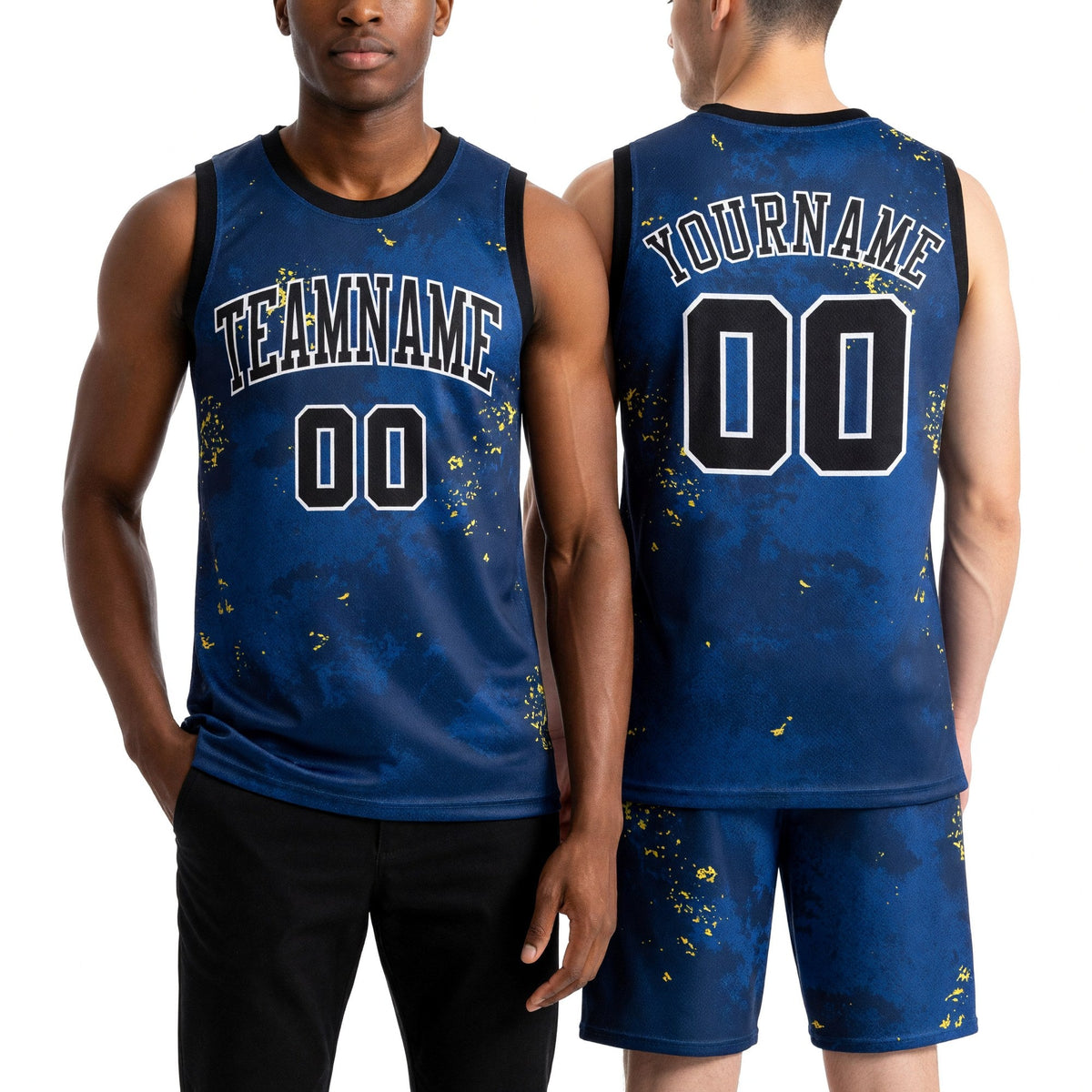 Custom Royal Black-Gold Round Neck Sublimation Basketball Uniform Jersey worn front and back