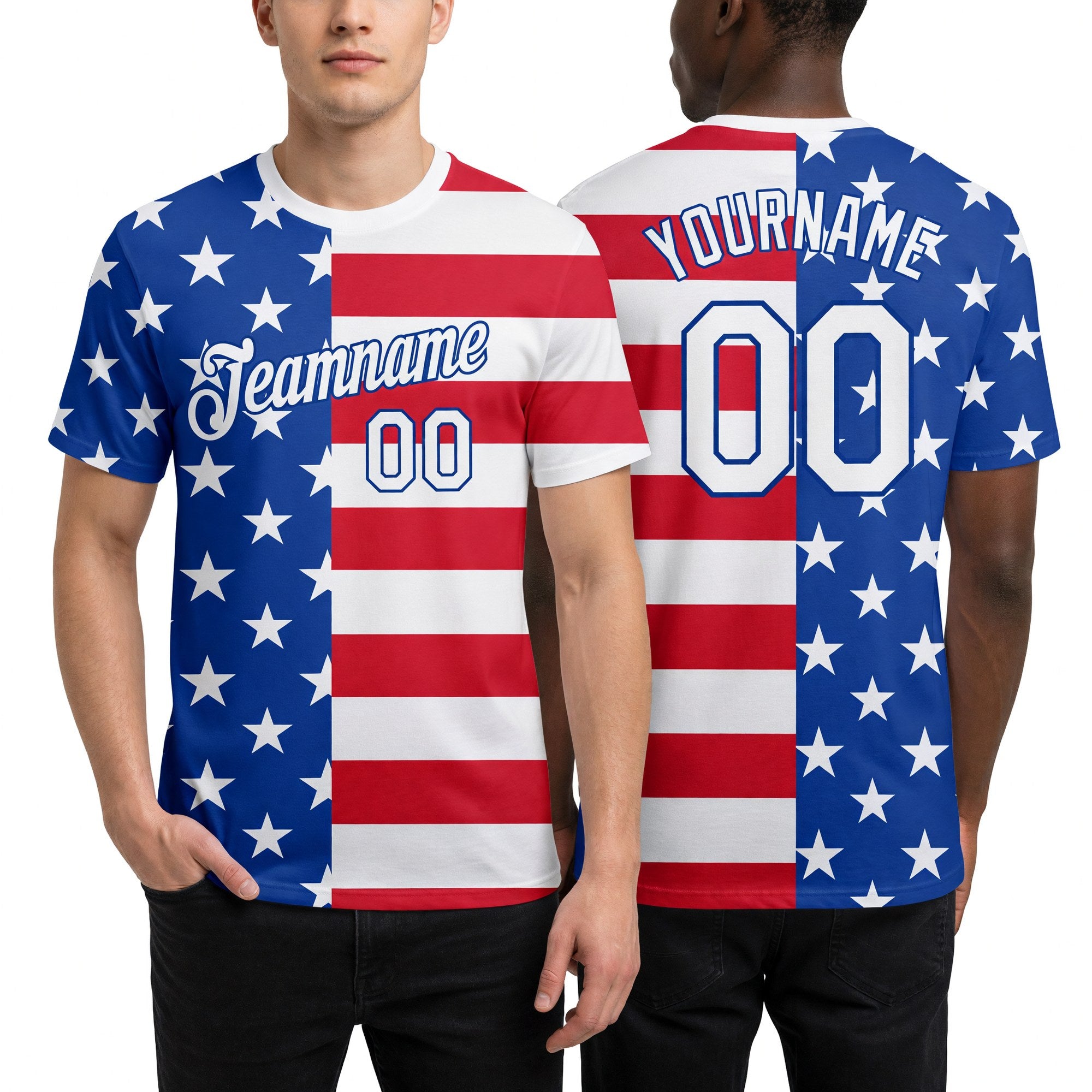 Custom Royal White-Red 3D American Flag Performance T-Shirt worn front and back