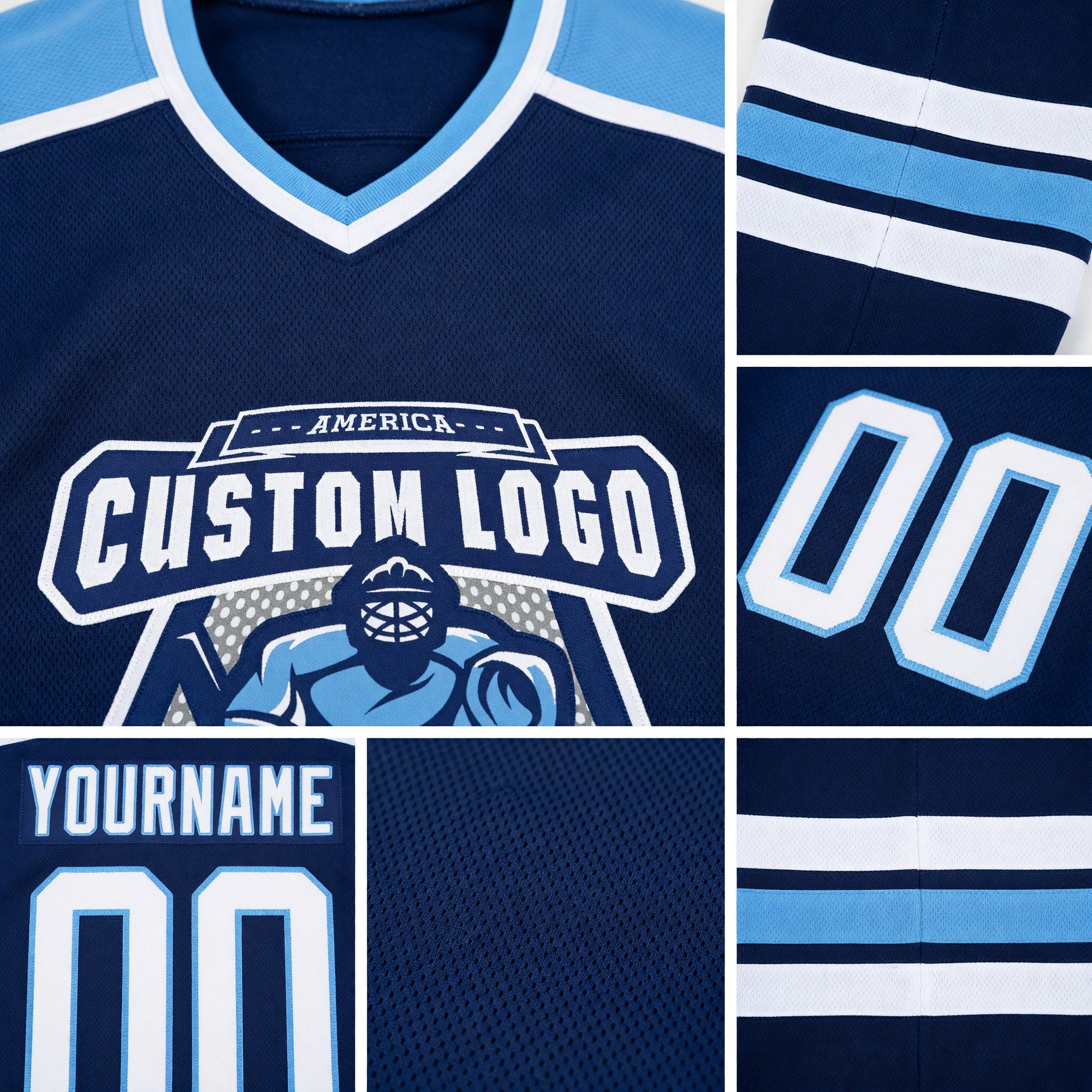Custom Royal White-Light Blue Hockey Jersey detail