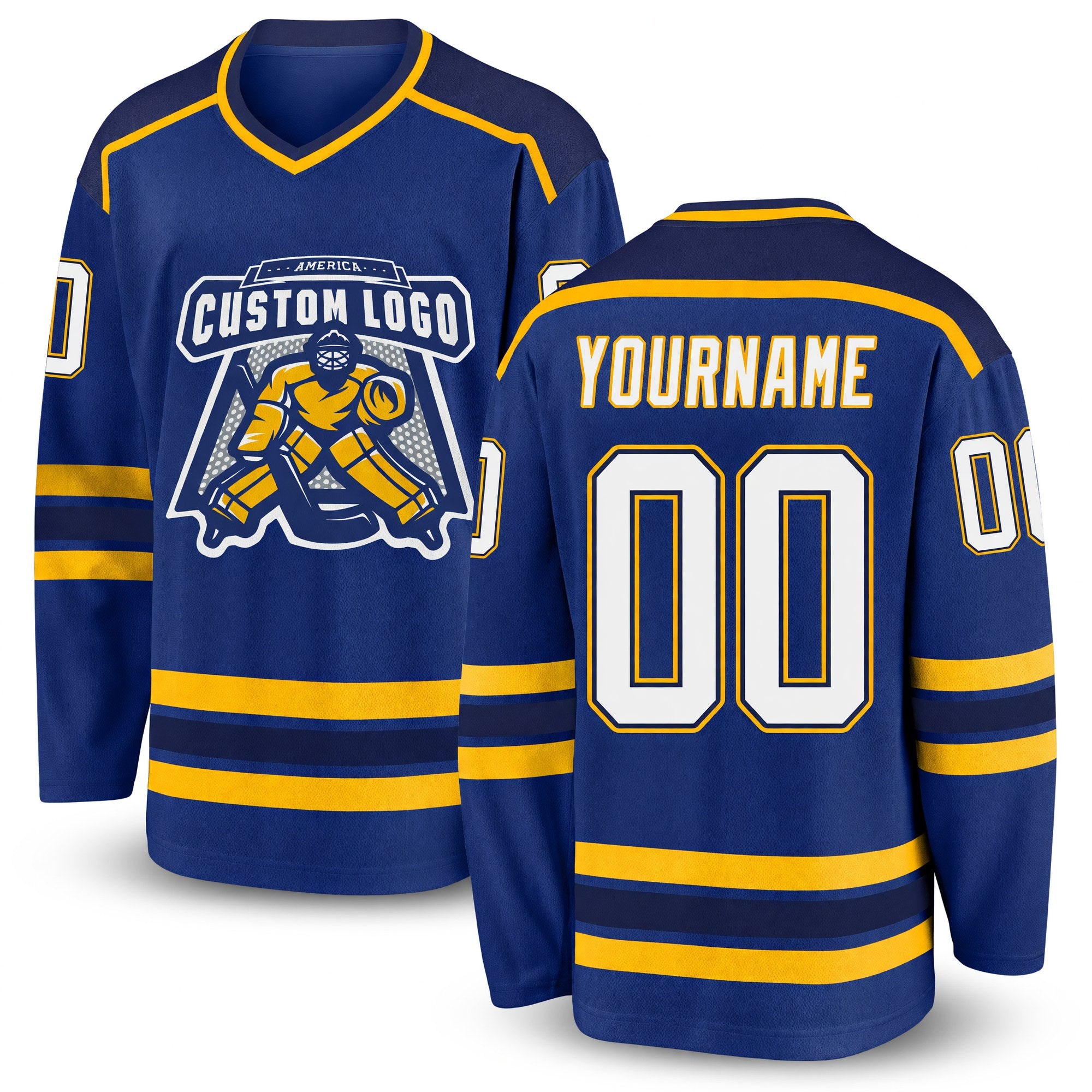 Custom Royal White Navy-Gold Hockey Jersey