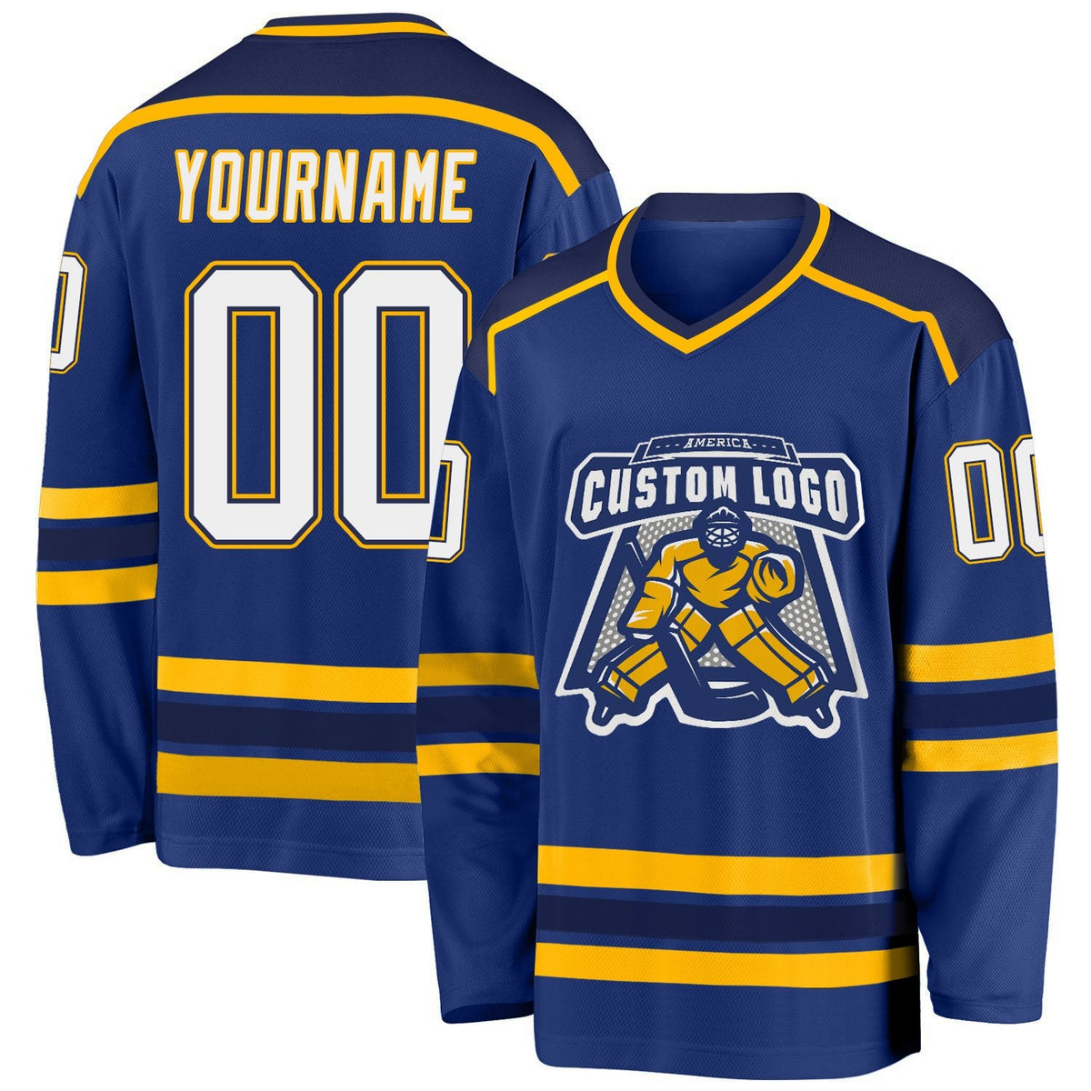 Custom Royal White Navy-Gold Hockey Jersey photo 1