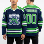 Custom Royal Neon Green-White Hockey Jersey worn front and back