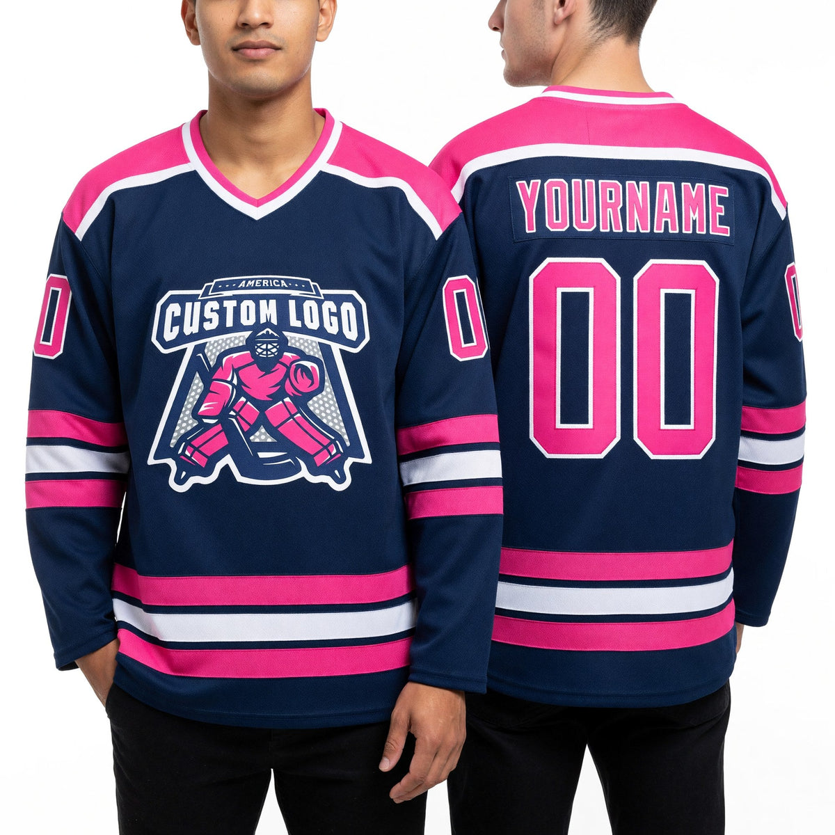 Custom Royal Pink-White Hockey Jersey worn front and back