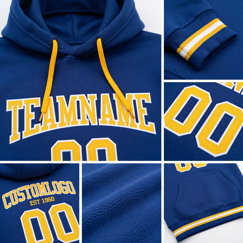 Custom Stitched Royal Gold-White Football Pullover Sweatshirt Hoodie detail
