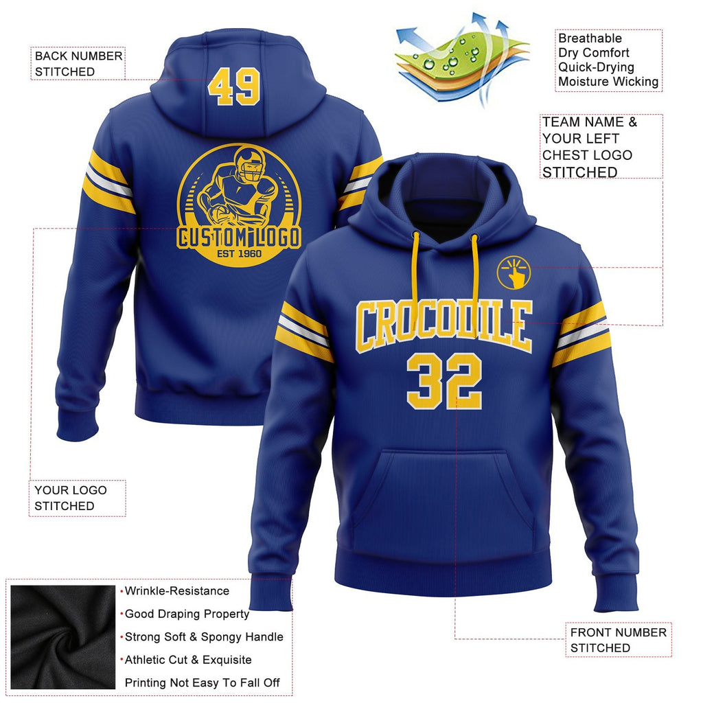 Custom Stitched Royal Gold-White Football Pullover Sweatshirt Hoodie photo 2