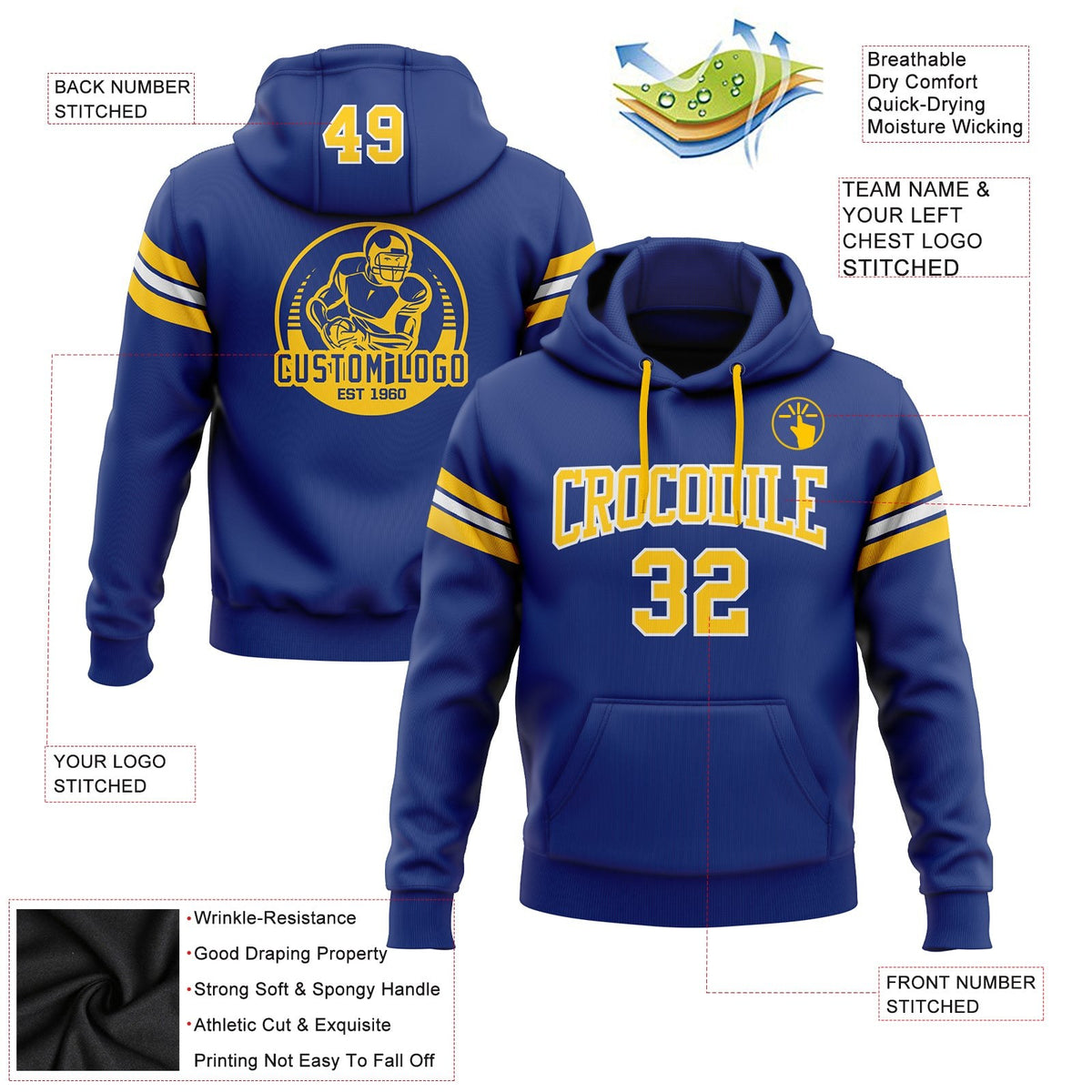 Custom Stitched Royal Gold-White Football Pullover Sweatshirt Hoodie photo 2