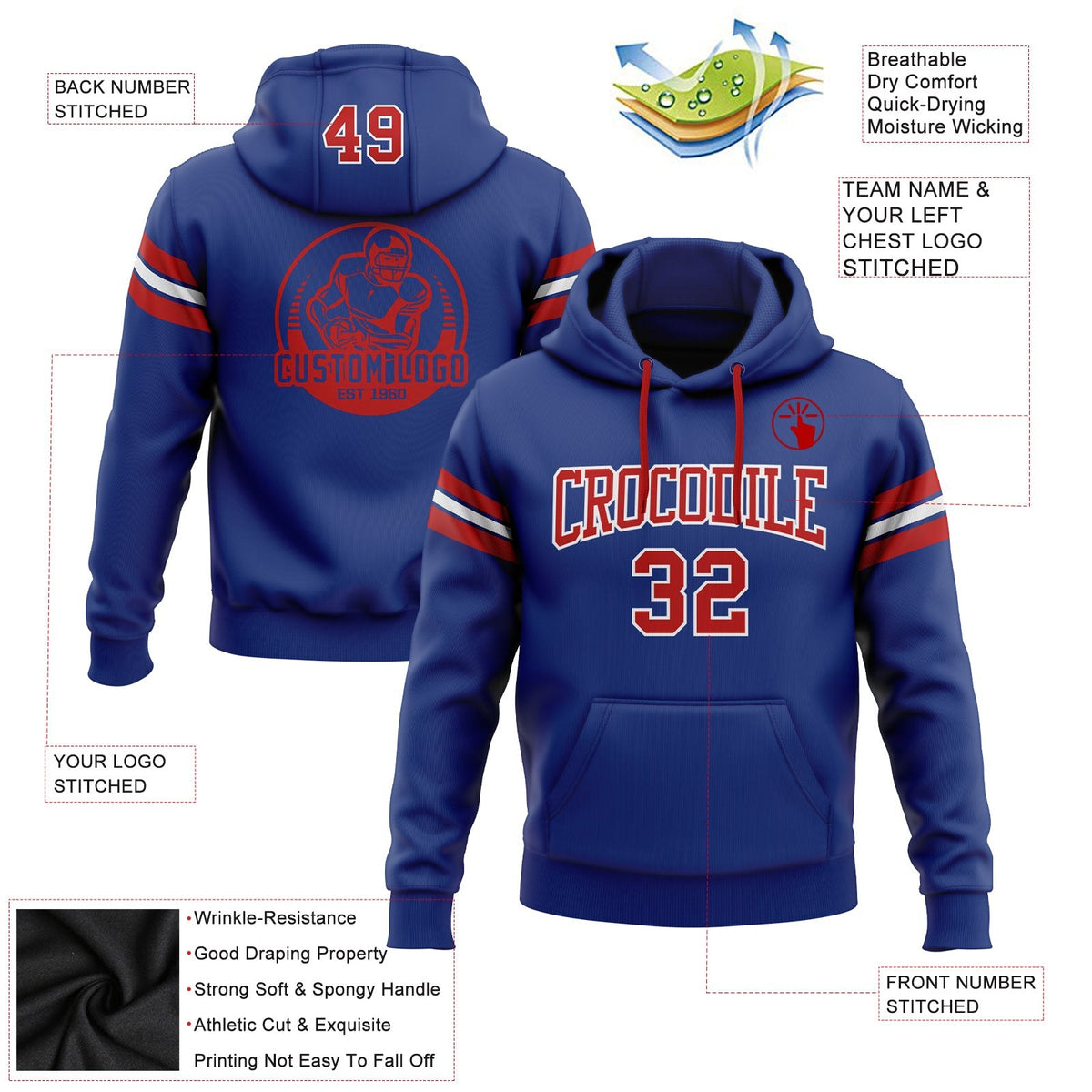 Custom Stitched Royal Red-White Football Pullover Sweatshirt Hoodie photo 2