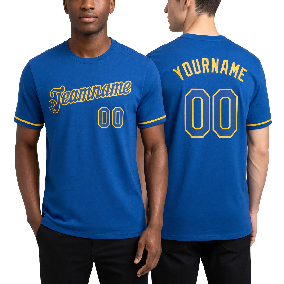 Custom Royal Royal-Gold Performance T-Shirt worn front and back