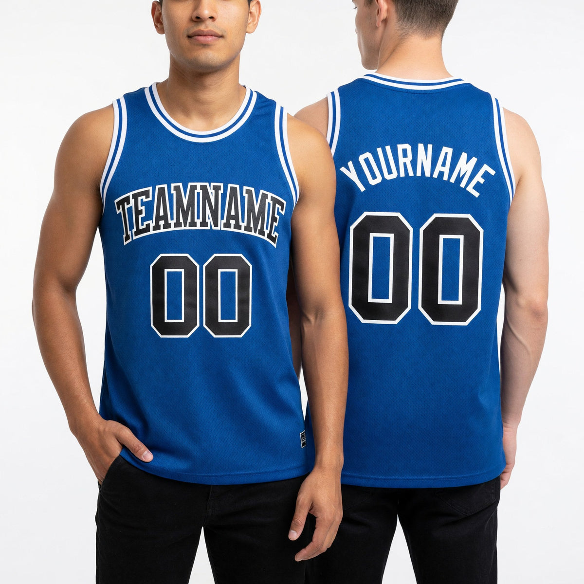 Custom Royal Black-White Authentic Throwback Basketball Jersey worn front and back