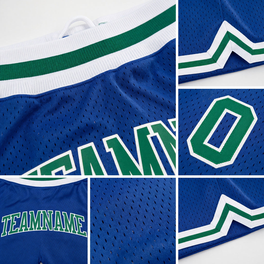 Custom Royal Kelly Green-White Authentic Throwback Basketball Shorts detail