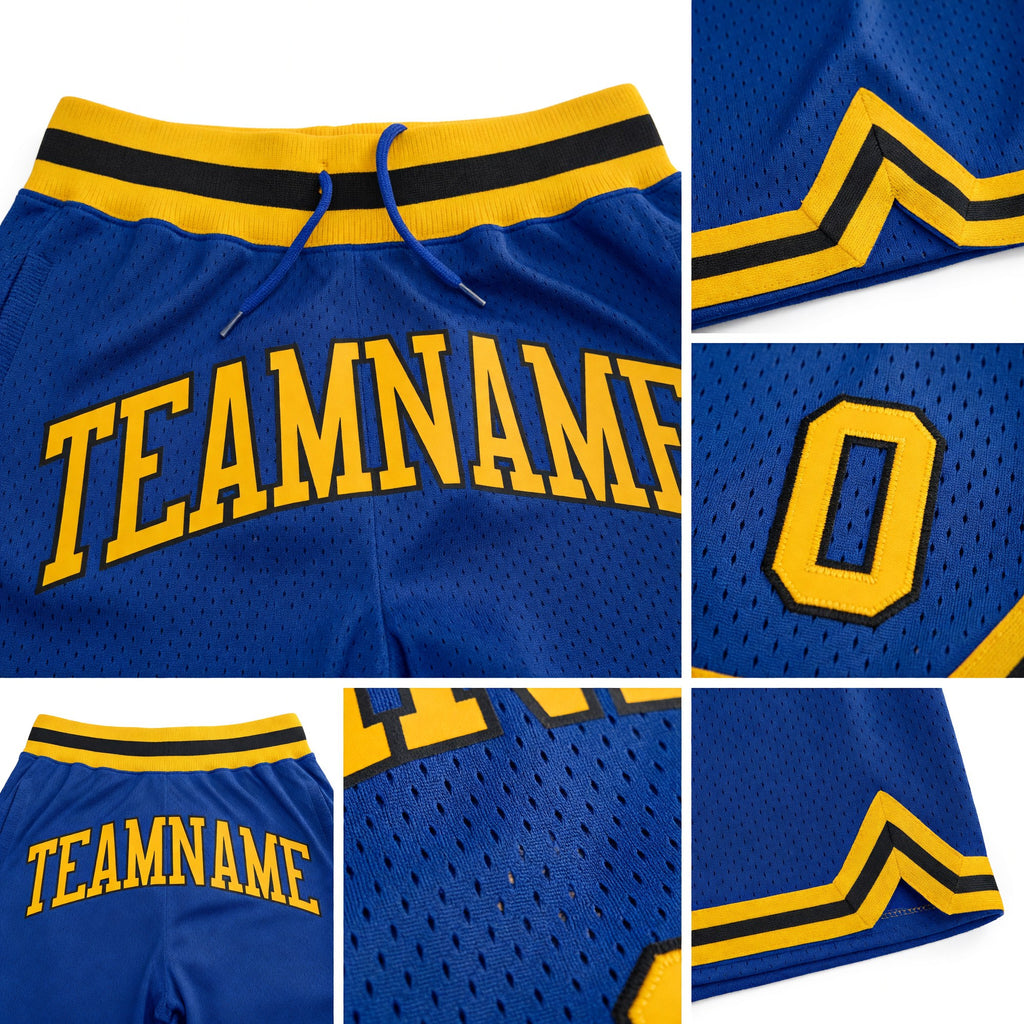 Custom Royal Gold-Black Authentic Throwback Basketball Shorts detail