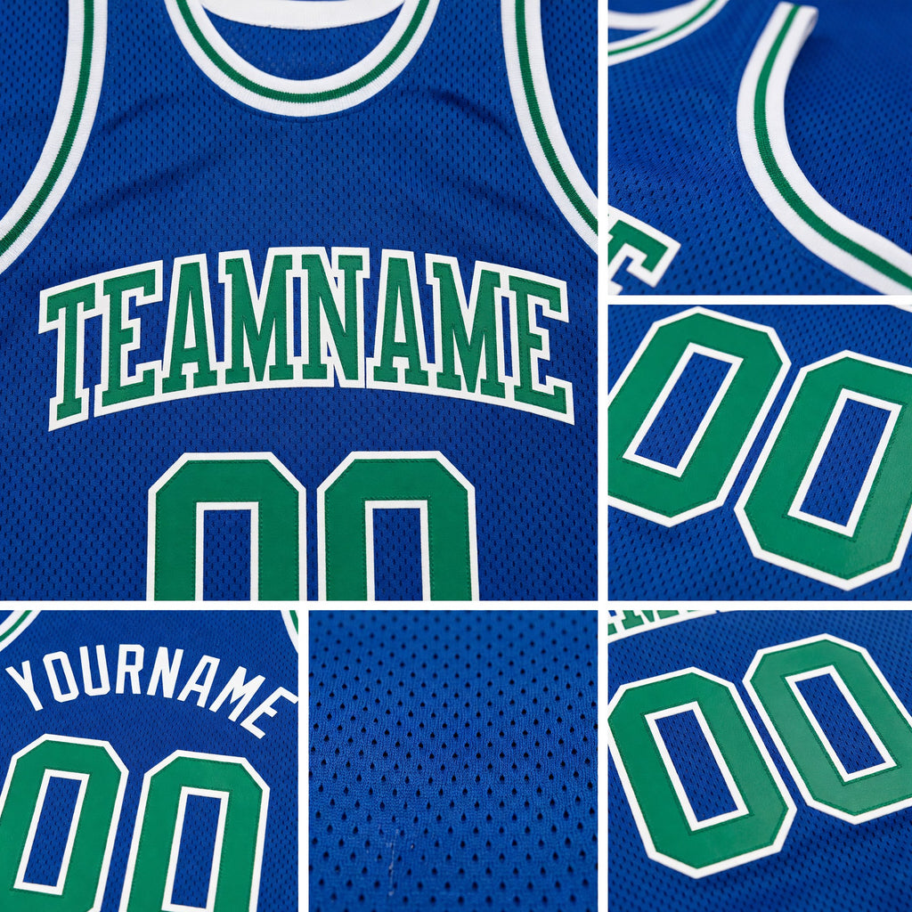 Custom Royal Kelly Green-White Authentic Throwback Basketball Jersey detail