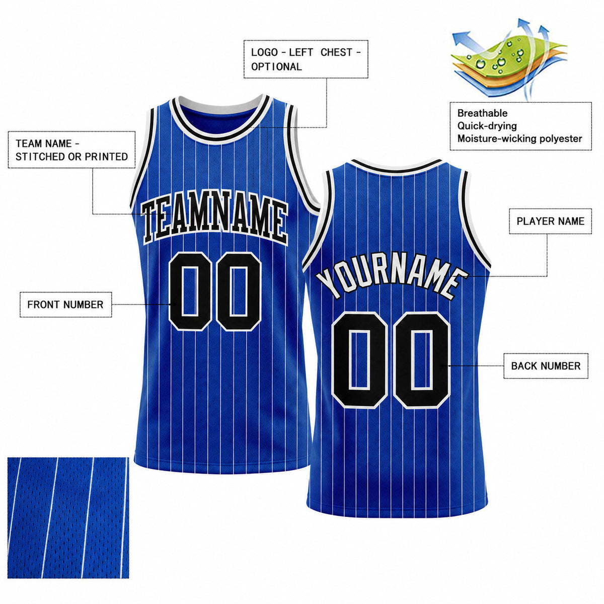 Custom Royal and White Pinstripe Authentic Basketball Jersey with Black and White Lettering customization guide
