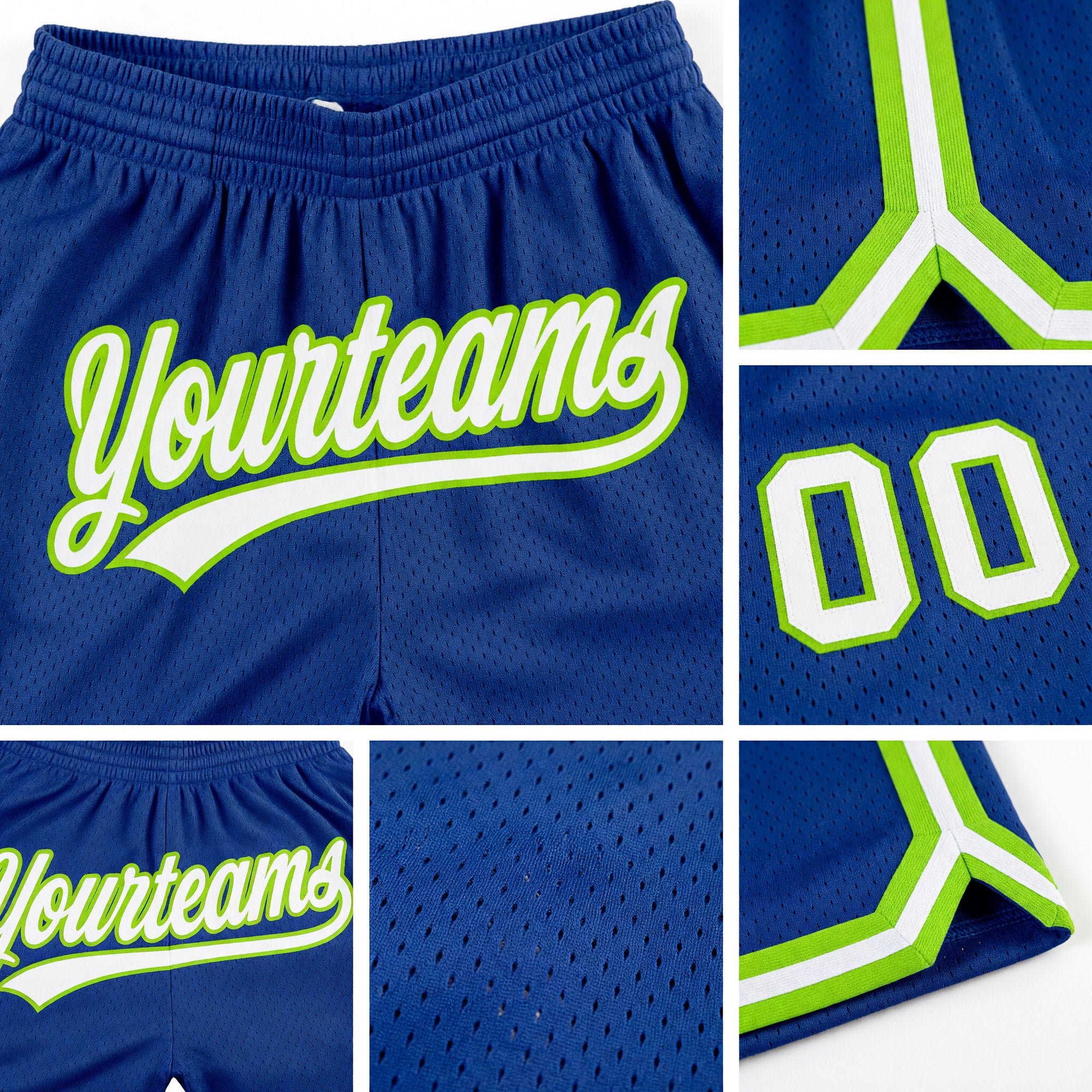 Custom Royal White-Neon Green Authentic Throwback Basketball Shorts detail