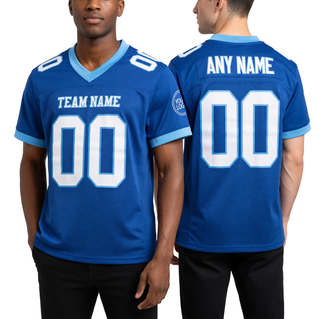Custom Royal White-Powder Blue Mesh Authentic Football Jersey worn front and back