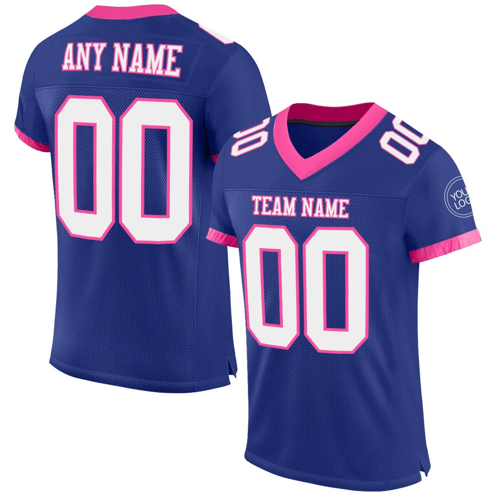 Custom Royal White-Pink Mesh Authentic Football Jersey photo 1